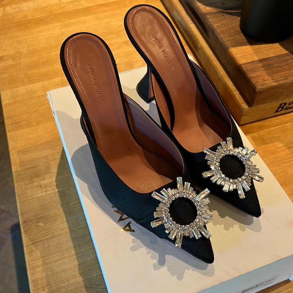 Amina Muaddi Black Satin Mule Size 39.5